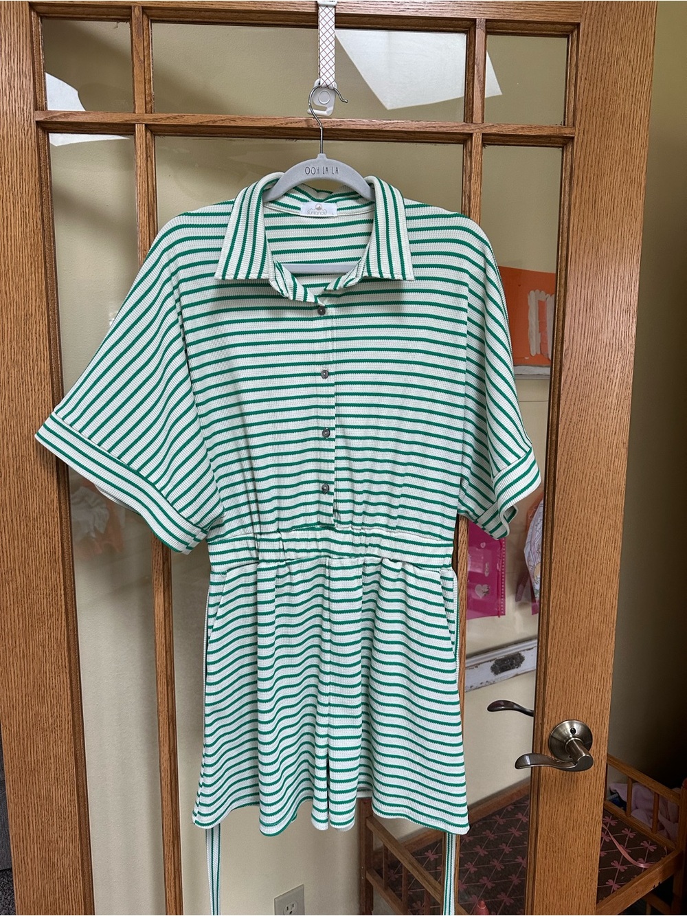 Striped Green & White Collared Short-Sleeve Jumpsuit